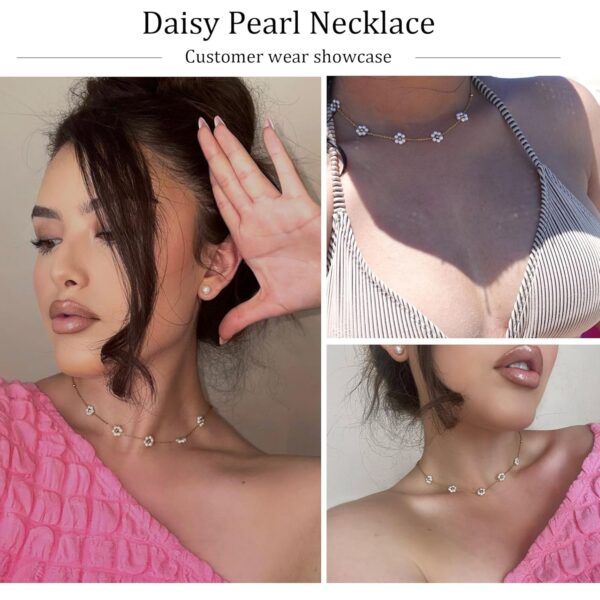SmileBelle Daisy Pearl Necklace, Dainty Pearl Choker Necklace for Women as Flower Necklace Gift, 14K Gold Plated Stainless Steel Summer Merch as Birthday Gifts for Her Daisy Costume Gift - Image 5