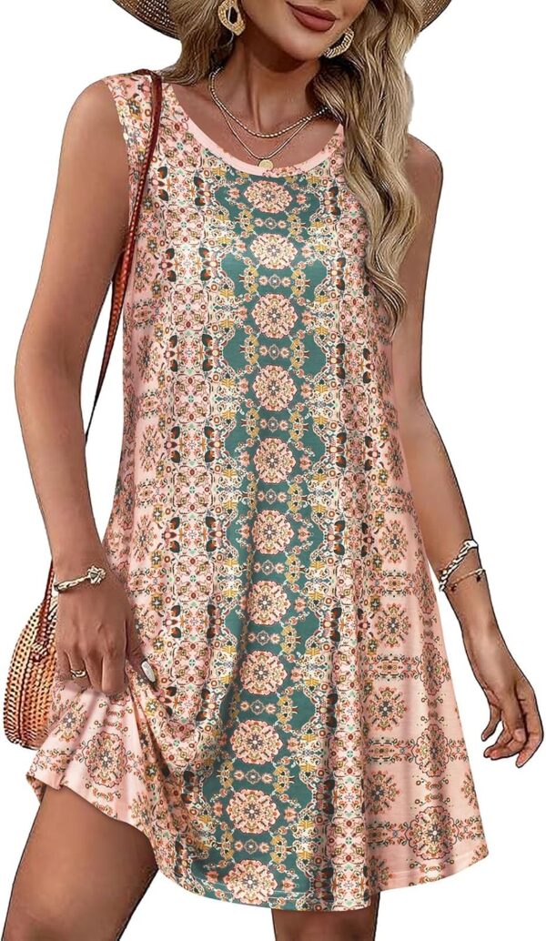 Summer Dresses for Women Beach Boho Sleeveless Vintage Floral Flowy Pocket Tshirt Tank Sundresses - Image 2