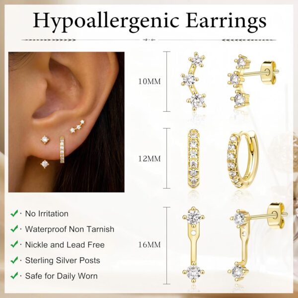 Gold Stud Earrings Set for Women, 3 Pairs Huggie Hoop Jacket Studs Earring Stacks, Hypoallergenic 925 Sterling Silver Post Dainty Birthstone Trendy Women Fashion Accessories Jewelry Gifts - Image 5