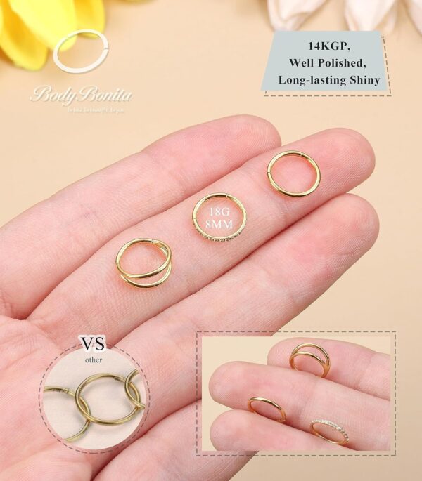 BodyBonita 3pcs Nose Rings Hoops - 316L Surgical Steel Double Hoop Nose Rings 14G/16G/18G/20G Hinged CZ Piercing Jewelry Septum Clicker Rings Cartilage Earring Helix Rook Tragus Daith 7mm/8mm/9mm/10mm - Image 3