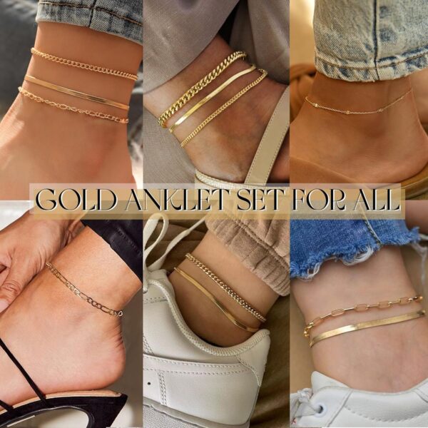 iF YOU Gold Ankle Bracelets for Women, 14k Gold Plated Waterproof Cuban Link Chain Anklets Set, Layered Anklet Bracelets for Women Beach Gift Adjustable Size 5pc - Image 4