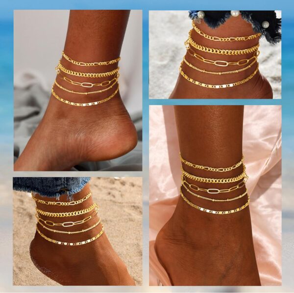 Ankle Bracelets for Women, 14k Gold Jewelry Set Waterproof Layered Cuban Figaro Link Chain Anklets Set Gold Anklets Summer Boho Beach Jewelry Gift Adjustable Size - Image 6