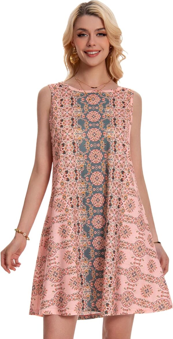 Summer Dresses for Women Beach Boho Sleeveless Vintage Floral Flowy Pocket Tshirt Tank Sundresses - Image 6