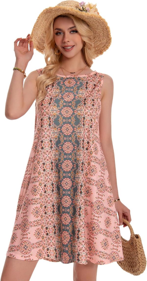 Summer Dresses for Women Beach Boho Sleeveless Vintage Floral Flowy Pocket Tshirt Tank Sundresses - Image 5