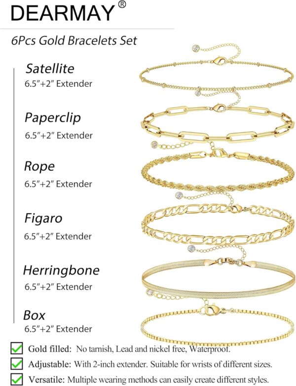DEARMAY Gold Bracelets for Women Waterproof, 14K Real Gold Jewelry Sets Trendy Thin Dainty Stackable Cuban Link Paperclip Chain Bracelet Pack Fashion Accessories Gifts for Womens - Image 6