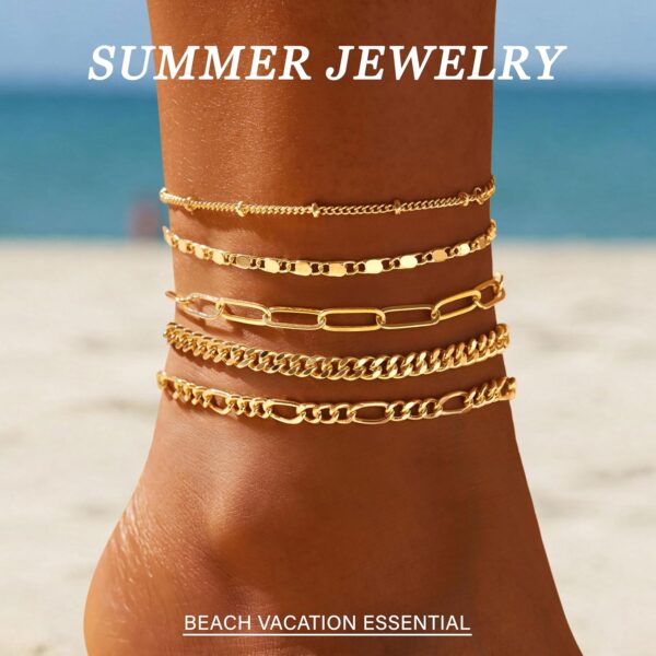 Ankle Bracelets for Women, 14k Gold Jewelry Set Waterproof Layered Cuban Figaro Link Chain Anklets Set Gold Anklets Summer Boho Beach Jewelry Gift Adjustable Size - Image 3