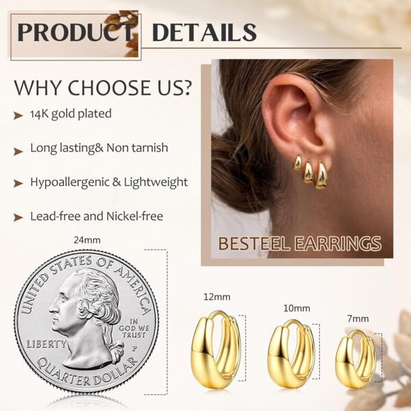 BESTEEL 3Pairs Gold Hoop Earrings Set for Women Chunky Gold Silver Earring 14K Gold Filled Hypoallergenic Small Huggie Hoops Lightweight Tiny Thick Trendy Hoop Earrings Stacks for Multiple Piercing - Image 5