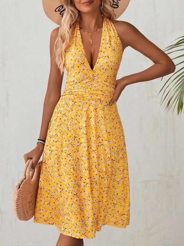 HUHOT Women's Summer Sundress Sleeveless Halter Neck Spring 2025 Floral with Pocket Elastic Waist Ruffle Mini Dresses - Image 10