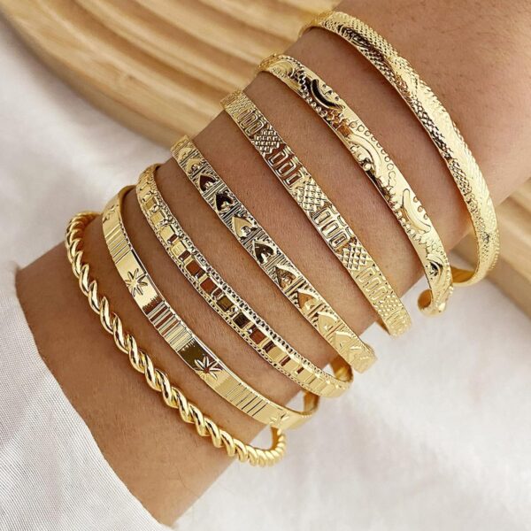 IFKM Gold Bangle Bracelets For Women, 14k Gold Plated Multi Layer Stackable Cuff Bracelet Set, Trendy Elegance Charms Non Tarnish Minimalist Textured Boho Jewelry Gift for Women - Image 4