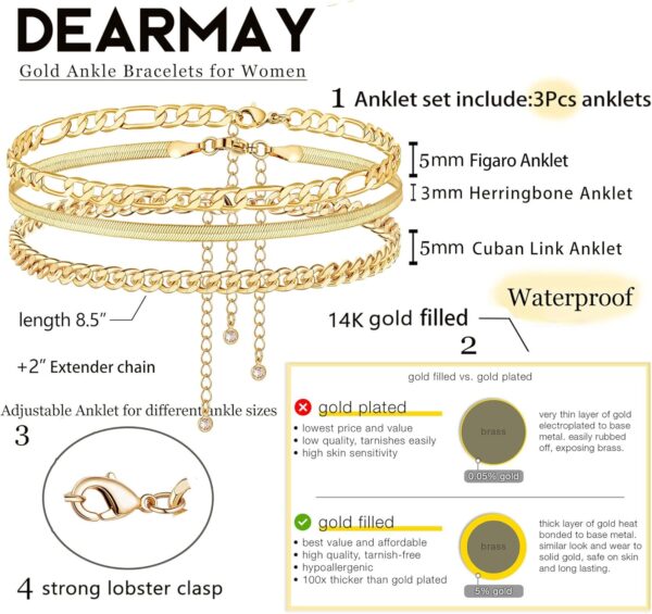DEARMAY Gold Ankle Bracelets Set for Women Waterproof, 14K Gold Anklets for Women Cuban Link Layered Pack Jewelry Gift - Image 3