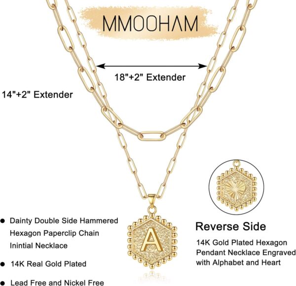 M MOOHAM Dainty Gold Necklace for Women - 14K Solid Gold Over Layering Necklaces for Women Cute Hexagon Letter Initial Necklaces for Women Gold Layered Necklaces for Women Jewelry Gifts - Image 7