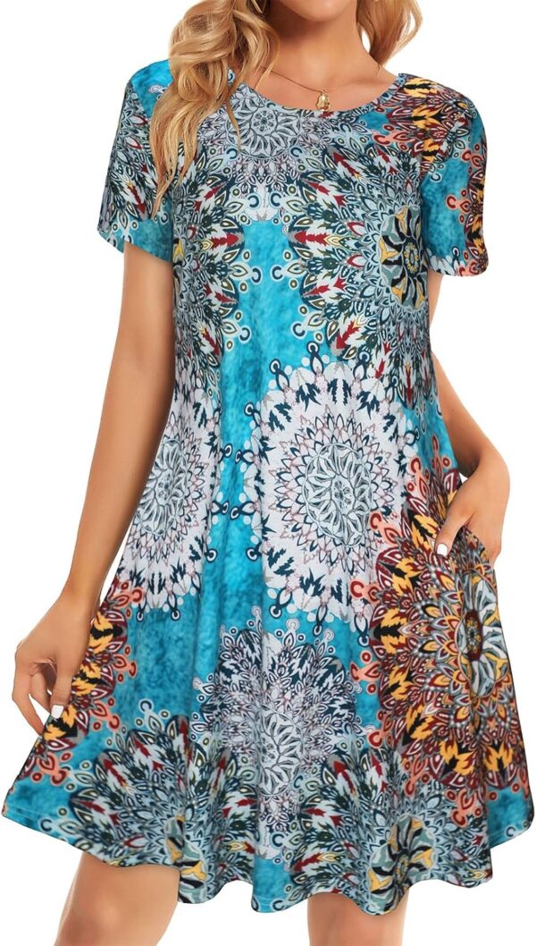 Womens Summer Dresses Beach Casual Loose Tshirt Floral Short Sleeve Flowy Pockets Sundresses - Image 2
