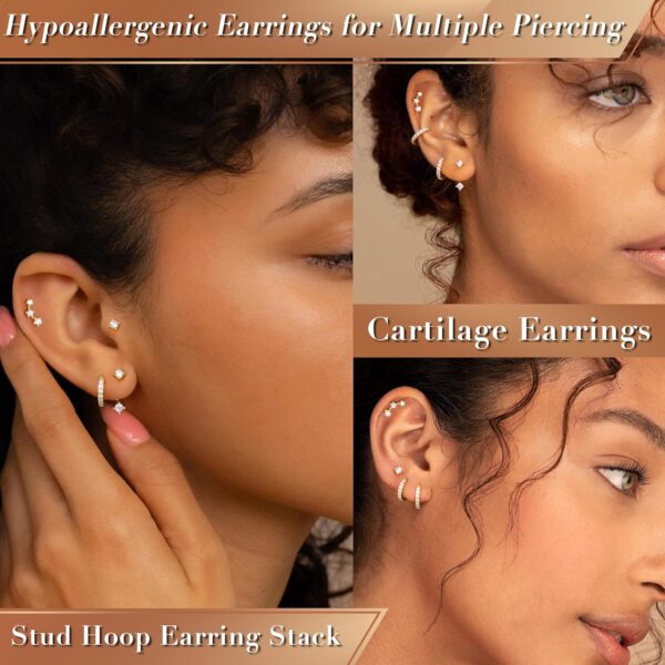 Gold Stud Earrings Set for Women, 3 Pairs Huggie Hoop Jacket Studs Earring Stacks, Hypoallergenic 925 Sterling Silver Post Dainty Birthstone Trendy Women Fashion Accessories Jewelry Gifts - Image 7