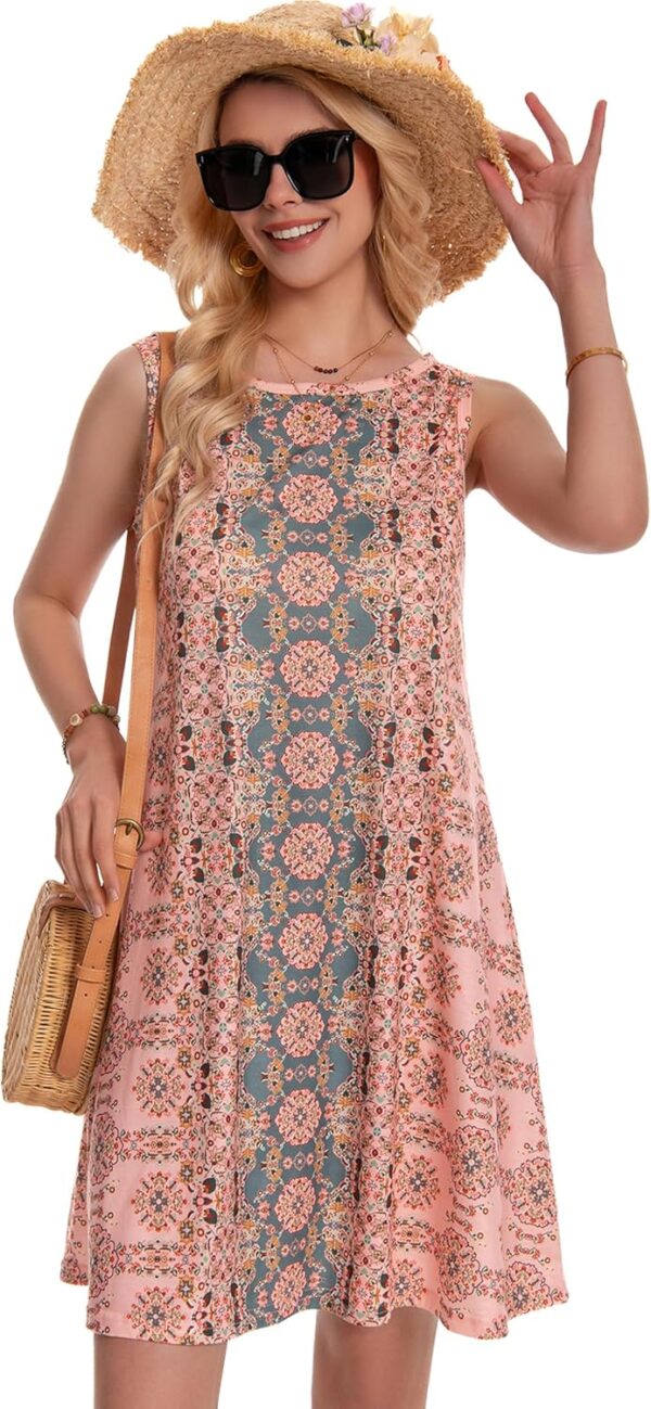 Summer Dresses for Women Beach Boho Sleeveless Vintage Floral Flowy Pocket Tshirt Tank Sundresses - Image 4