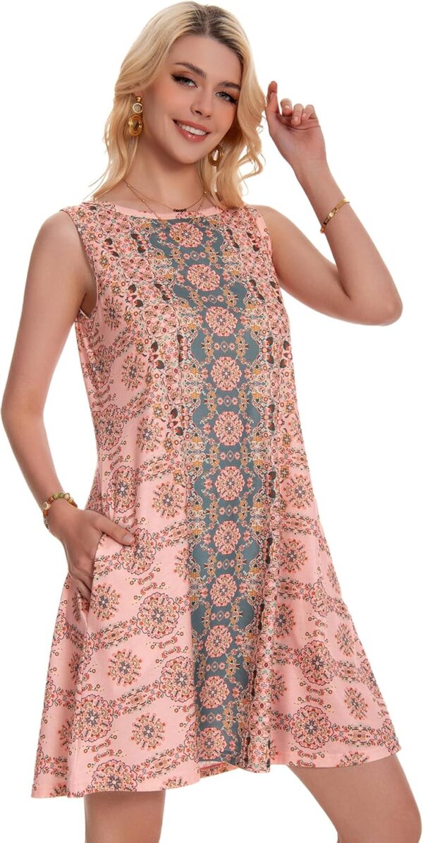 Summer Dresses for Women Beach Boho Sleeveless Vintage Floral Flowy Pocket Tshirt Tank Sundresses - Image 3