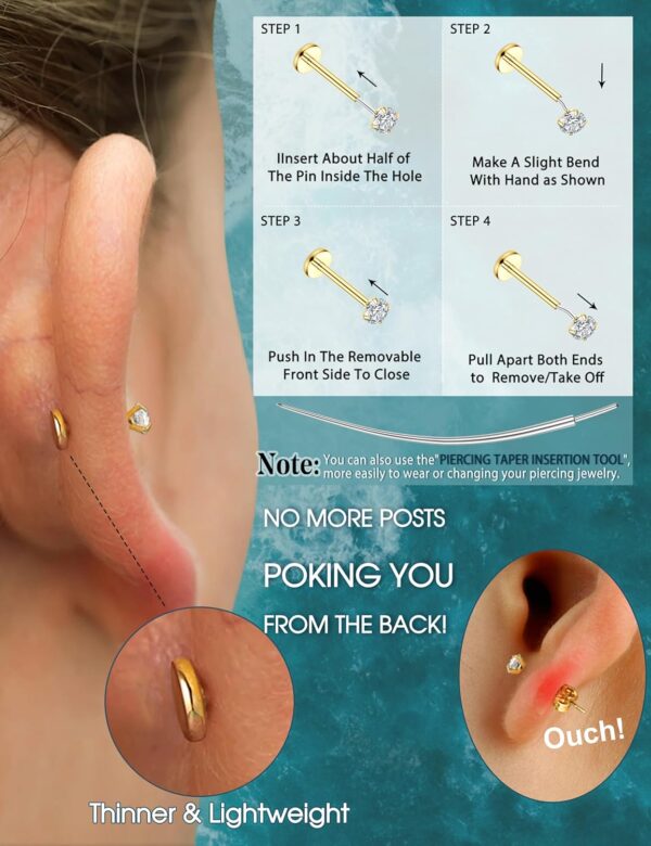 LOLIAS 14K Gold Filled Threadless Nose Studs CZ Nose Rings for Women Men 316L Surgical Steel Labret Studs Lip Rings Push in Flat Back Stud Earrings CZ Nose Nostril Tragus Helix Piercing Jewelry Hypoallergenic 20G 18G 16G - Image 7