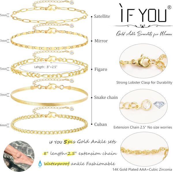 iF YOU Gold Ankle Bracelets for Women, 14k Gold Plated Waterproof Cuban Link Chain Anklets Set, Layered Anklet Bracelets for Women Beach Gift Adjustable Size 5pc - Image 5