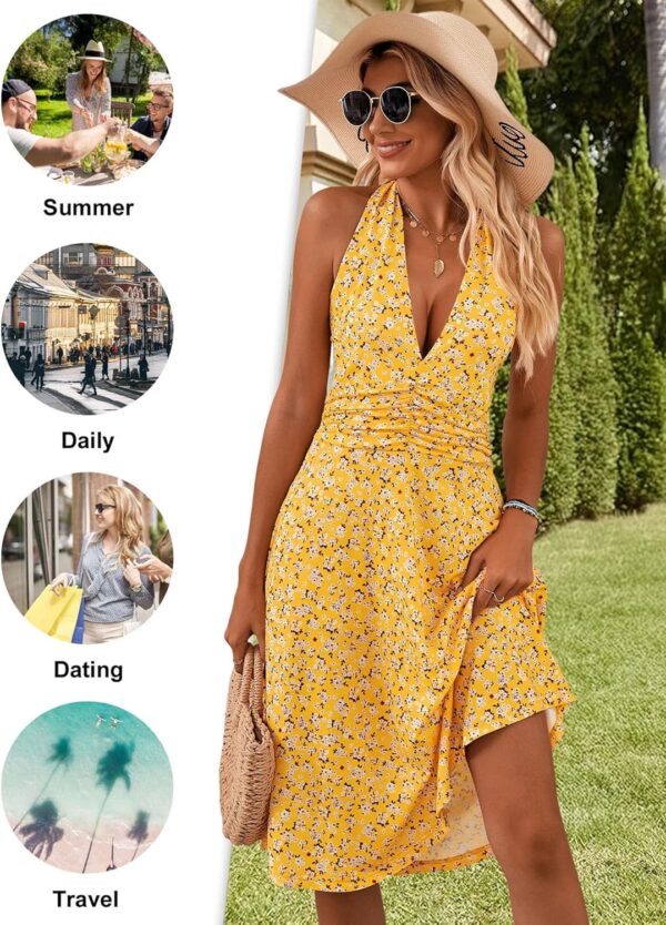HUHOT Women's Summer Sundress Sleeveless Halter Neck Spring 2025 Floral with Pocket Elastic Waist Ruffle Mini Dresses - Image 4