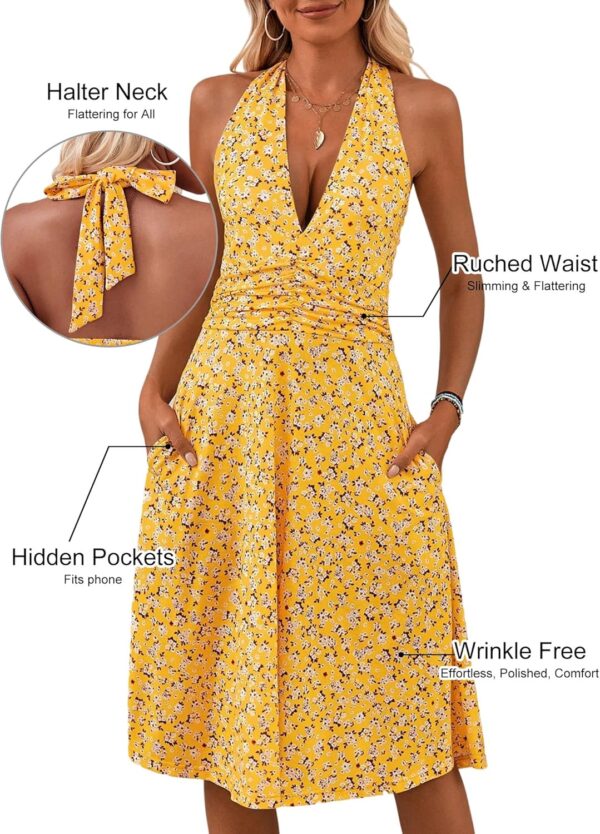 HUHOT Women's Summer Sundress Sleeveless Halter Neck Spring 2025 Floral with Pocket Elastic Waist Ruffle Mini Dresses - Image 3