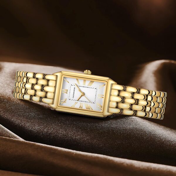 Gold Watches for Women with Vintage Rectangular Case,White Roman Dial,Stainless Steel Band,Adjustment Tool Included,Water Resistant - Image 6