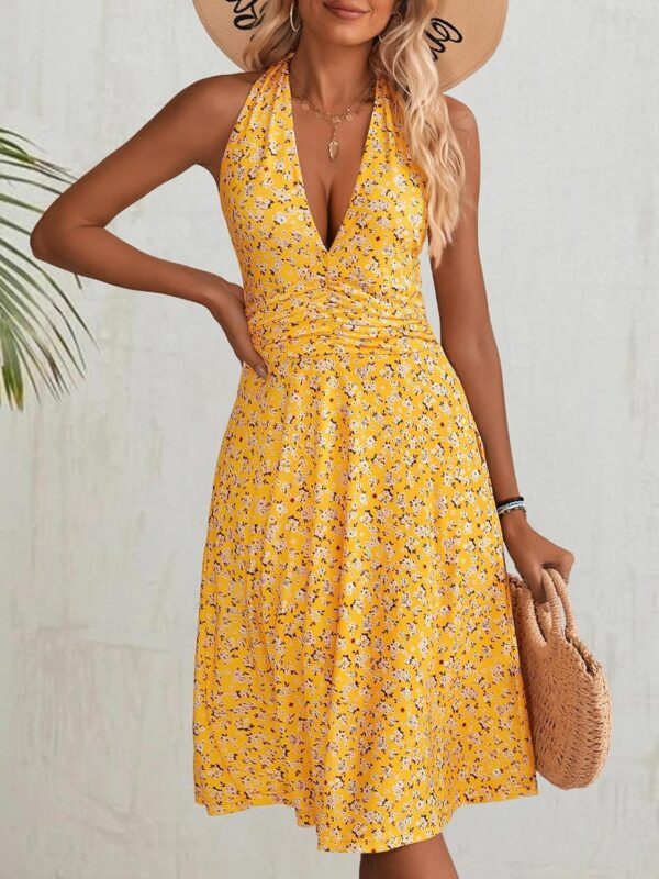 HUHOT Women's Summer Sundress Sleeveless Halter Neck Spring 2025 Floral with Pocket Elastic Waist Ruffle Mini Dresses - Image 5