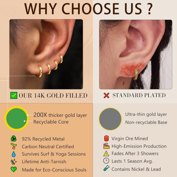 Small Gold Huggie Hoop Earrings Set for Women 14K Real Gold Plated Hypoallergenic Lightweight Earrings for Sensitive Ears Everyday Earrings Sets for Multiple Piercing Cartilage Hoop Earrings Stack Jewelry - Image 6