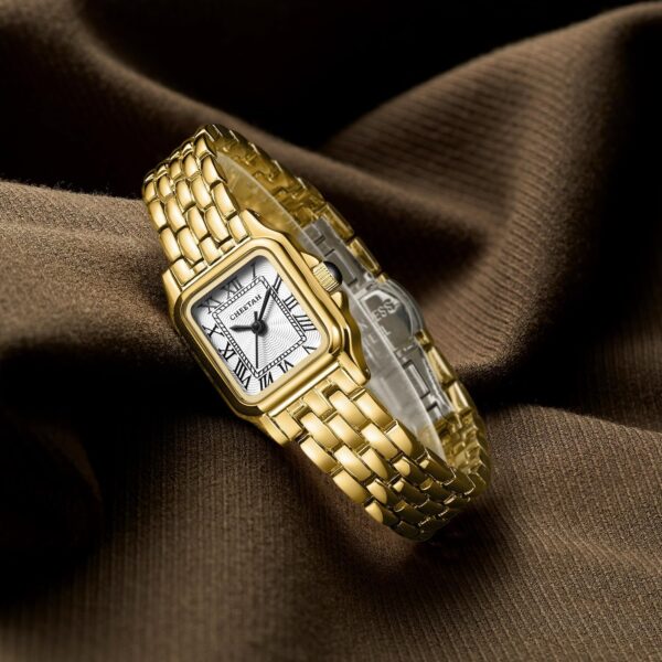 Gold Watches for Women with Small Vintage Bracelet, Rectangular Case Roman Dial - Image 5