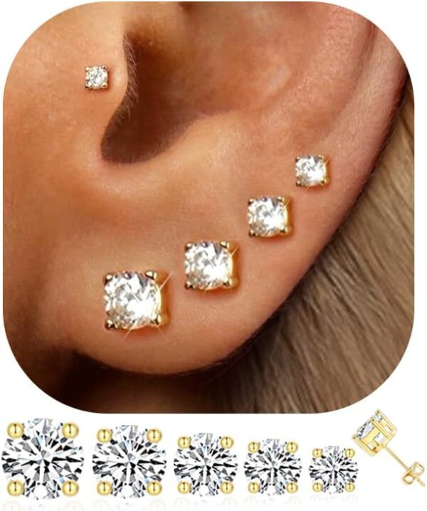5 Pairs 14K Gold Plated Stud Earrings for Women, Hypoallergenic Earring Sets for Multiple Piercing, Premium Cubic Zirconia Studs Earrings for Women - Image 2