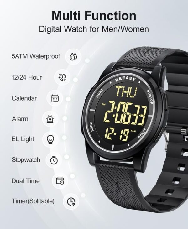Beeasy Digital Watch Waterproof with Stopwatch Alarm Countdown Dual Time, Ultra-Thin Super Wide-Angle Display Digital Wrist Watches for Men Women - Image 4