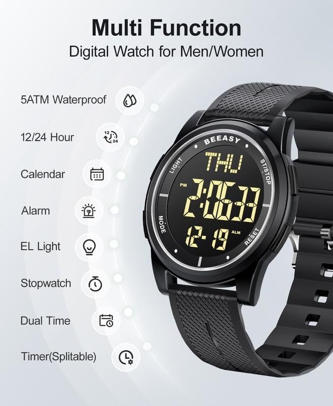 Beeasy Digital Watch Waterproof with Stopwatch Alarm Countdown Dual Time, Ultra-Thin Super Wide-Angle Display Digital Wrist Watches for Men Women - Image 4