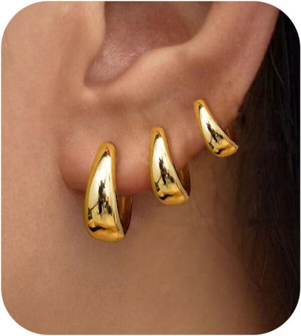 3Pairs Gold Hoop Earrings Set for Women Trendy Chunky Huggie Dainty Earrings Jewelry for Women Teens - Image 2
