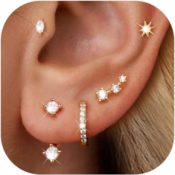Gold Stud Earrings for Women, 6 Pairs 14K Hypoallergenic Cartilage Earrings for Multiple Piercing, Dainty Small Stackable Hoop Ball Earrings Set - Image 2