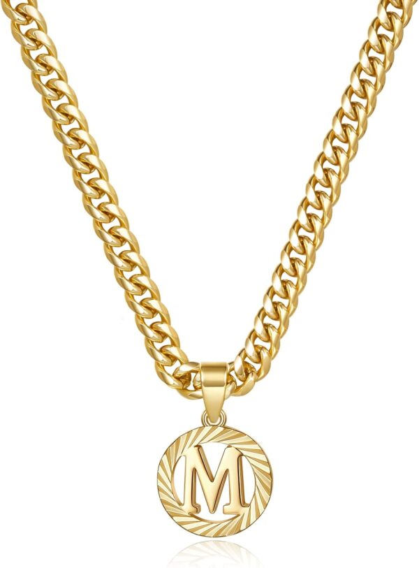 KissYan Gold Initial Necklace,14K Gold Plated Round Letter Pendant Hollow Capital Monogram 5mm Cuban Chain Necklace Alhpabets from A-Z Dainty Jewelry for Women Men - Image 2
