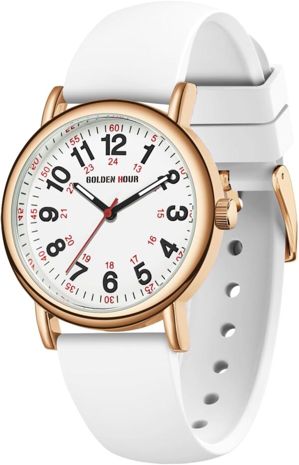 GOLDEN HOUR Waterproof Nurse Watch for Medical Professionals, Students Women Men - Military Time Luminouse Easy Read Dial, 24 Hour with Second Hand, Colorful Silicone Band - Image 2