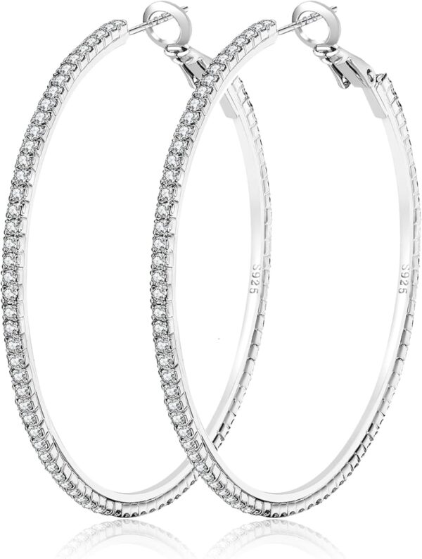 925 Sterling Silver Earrings Large Rhinestone Hoop Earrings Big Cubic Zirconia Hoop Earrings Thin Rhinestones Round Hoop Earrings for Women 20/30/40/50/60/70mm Sparkly Hoops With Crystals for Womens - Image 2