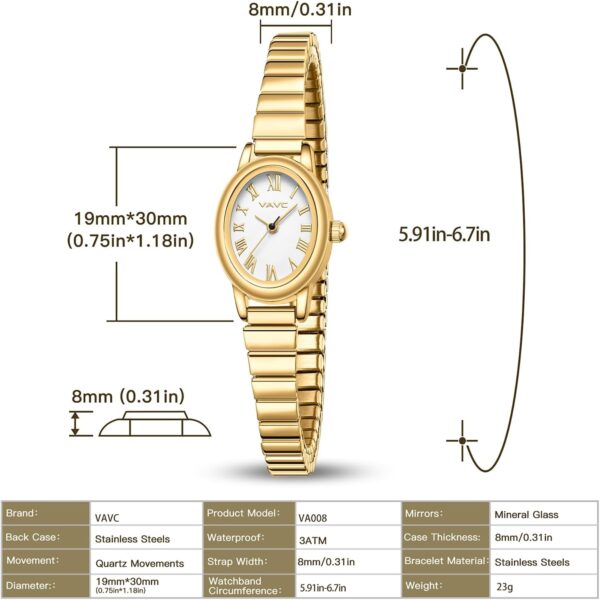 Small Gold Watches for Women,Analog Womens Watch with Stainless Steel Expansion Band,Oval Case Roman Dial,Water Resistant - Image 5