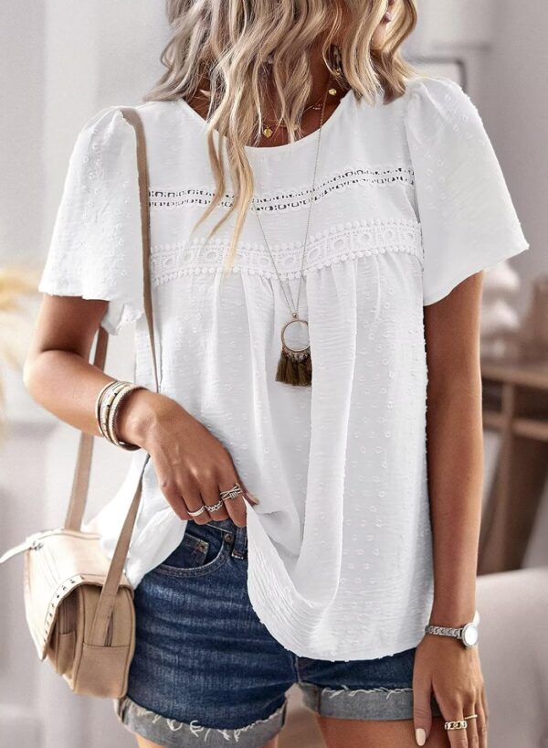 Womens Summer Tops Crewneck Short Sleeve Shirts Casual Chiffon Blouses Flowy Lace Hem Boho Clothing Trendy 2025 - Image 3