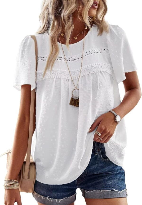 Womens Summer Tops Crewneck Short Sleeve Shirts Casual Chiffon Blouses Flowy Lace Hem Boho Clothing Trendy 2025 - Image 2