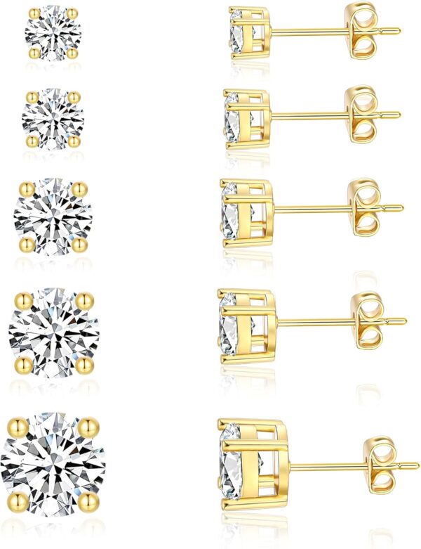 5 Pairs 14K Gold Plated Stud Earrings for Women, Hypoallergenic Earring Sets for Multiple Piercing, Premium Cubic Zirconia Studs Earrings for Women - Image 8