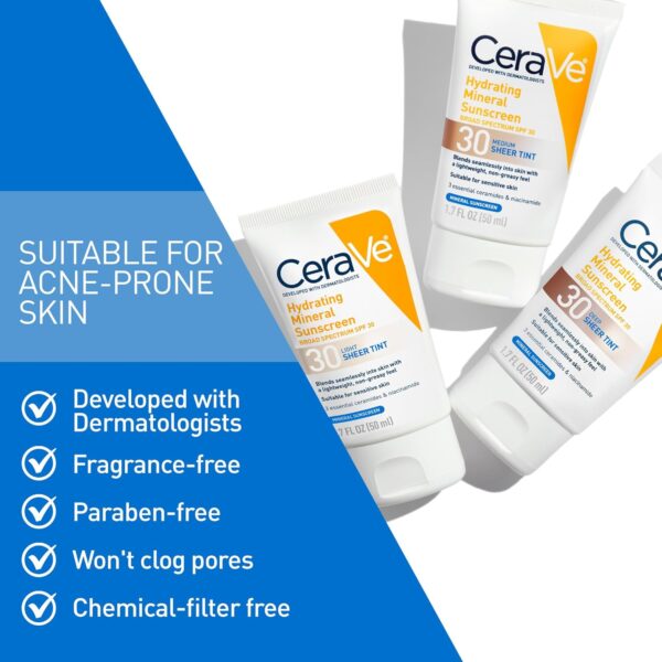 CeraVe Hydrating Mineral Sunscreen SPF 30 with Sheer Tint, Tinted Mineral Sunscreen with Zinc Oxide & Titanium Dioxide, Blends Seamlessly For Healthy Glow, Medium, 1.7 Fluid Ounce - Image 6