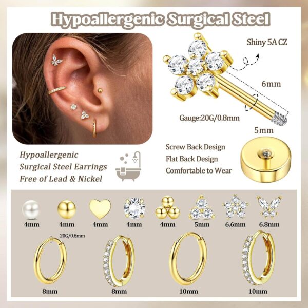 Jstyle Hypoallergenic Gold Stud Hoop Earrings for Women Men Surgical Stainless Steel Flat Back Earrings Small 14K Gold Huggie Hoops Cartilage Earring Set for Multiple Piercing Jewelry Gifts for Women - Image 7