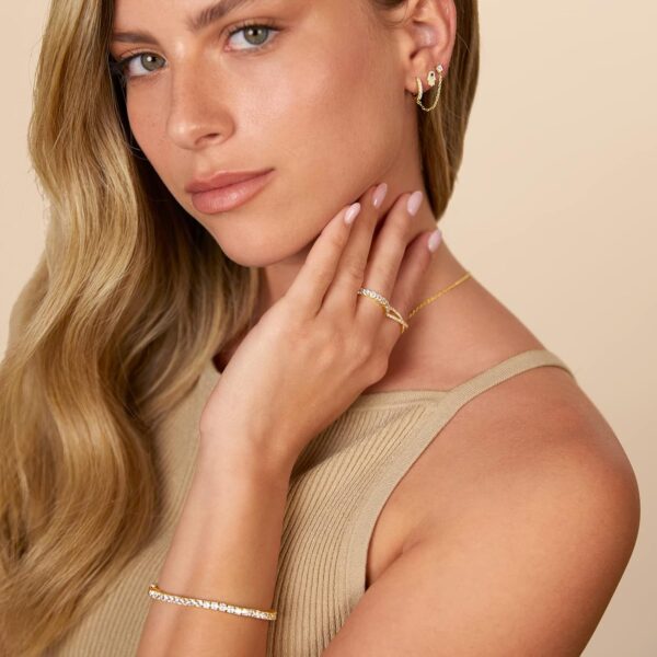 PAVOI 14K Gold Chain Earrings for Women | Double Piercing Dangle Chain Huggie Hoop Earrings | Cubic Zirconia Pearl Stud Ear Cuff Earrings for Women - Image 5