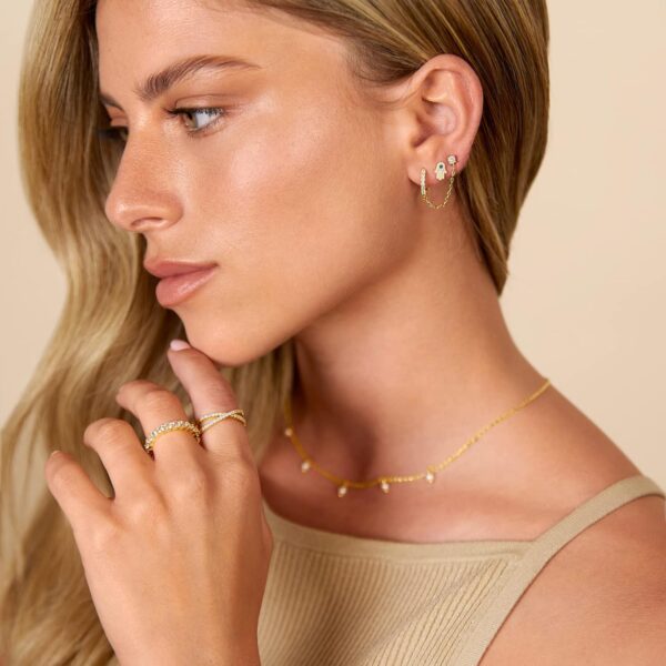 PAVOI 14K Gold Chain Earrings for Women | Double Piercing Dangle Chain Huggie Hoop Earrings | Cubic Zirconia Pearl Stud Ear Cuff Earrings for Women - Image 3