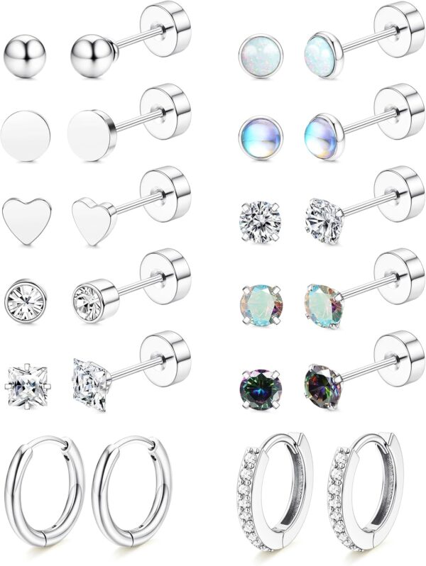 LOLIAS Hypoallergenic Flat Back Earrings for Women-Surgical Steel Earrings for Sensitive Ears 20G Stainless Steel Earring Stacks Small Flatback Stud Hoop Cartilage Earring - Image 2