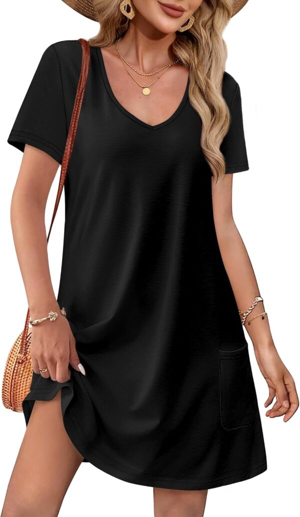 OFEEFAN Summer Dresses for Women 2025 Loose V Neck Short Sleeve Casual T Shirt Dress Sundresses Swimsuit Coverup with Pockets - Image 2
