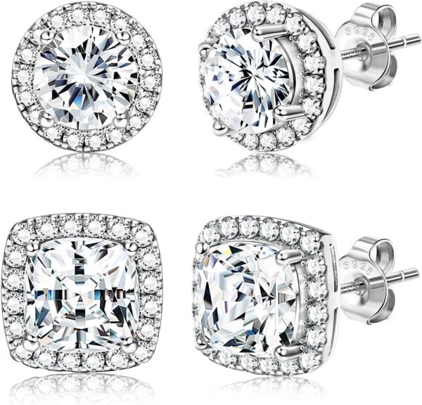 Hayoso 18K Gold Plated Halo Stud Earrings 925 Sterling Silver Cubic Zirconia Stud Earrings Round Square Diamonique Stud Earrings Set for Women Men - Image 2