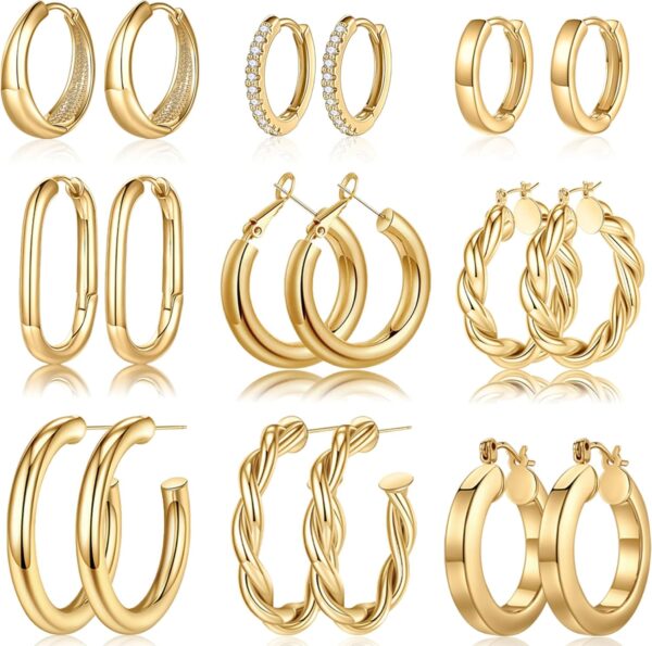 Yesteel 9 Pairs Gold Hoop Earrings for Women, 925 Sterling Silver Post 14K Real Gold Plated Chunky Hoop Earrings Set for Women Hypoallergenic Thick Lightweight Earring for Womens Jewelry Gifts - Image 2