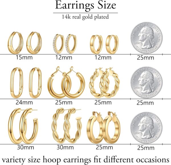 Yesteel 9 Pairs Gold Hoop Earrings for Women, 925 Sterling Silver Post 14K Real Gold Plated Chunky Hoop Earrings Set for Women Hypoallergenic Thick Lightweight Earring for Womens Jewelry Gifts - Image 6