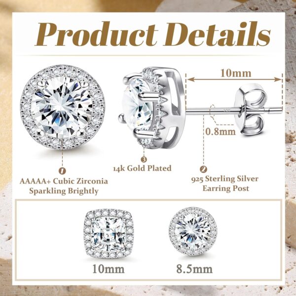 Hayoso 18K Gold Plated Halo Stud Earrings 925 Sterling Silver Cubic Zirconia Stud Earrings Round Square Diamonique Stud Earrings Set for Women Men - Image 5