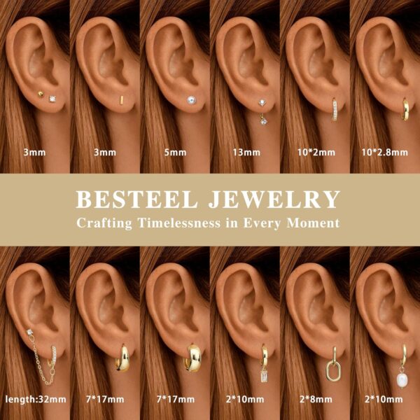 BESTEEL 13 Pairs Small Gold Hoop Earrings Set for Women 14K Gold Plated Lightweight Huggie Hoops Hypoallergenic Pearl Dainty Stud Hoop Earrings for Gift - Image 4